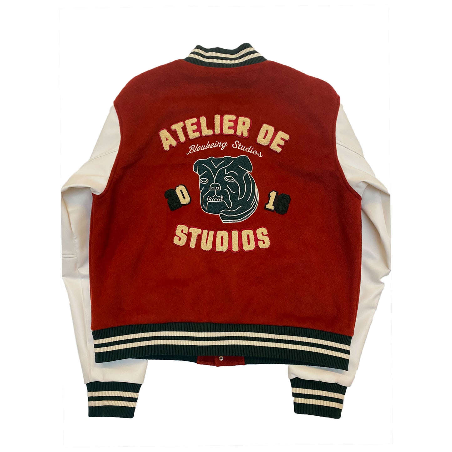 80% polyester 20% viscose Wool torso/leather sleeves Chenille Stitch Details Washing Instructions Hand wash cold separately wash inside out Do not bleach Do not dry clean Model is 5'9 wearing a size medium